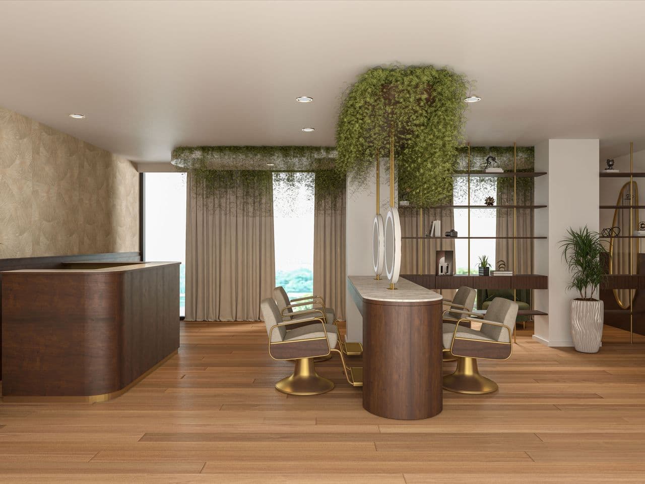 Styling stations lining a salon finished in warm natural wood